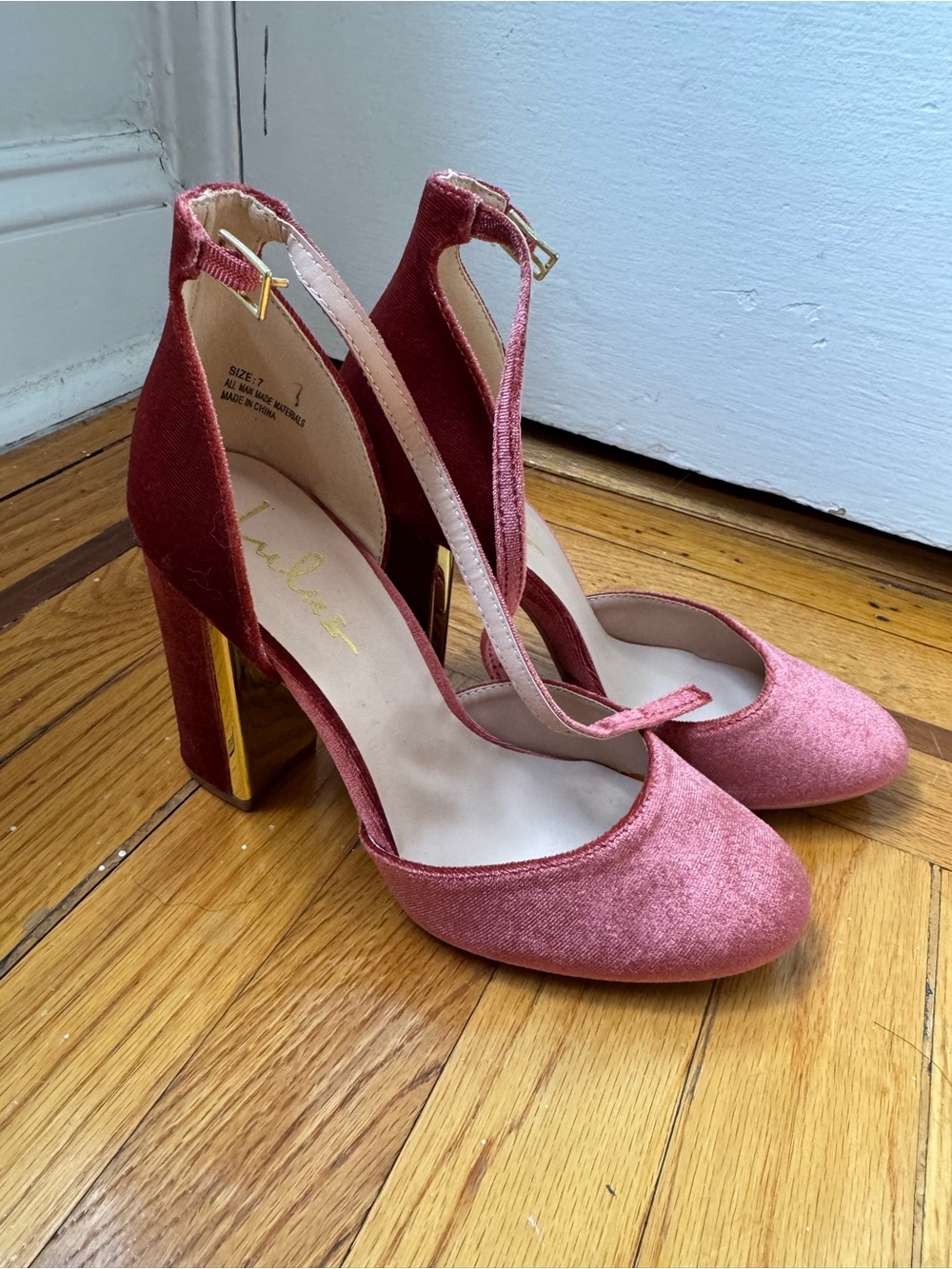 Lulu's Rose Pink Velvet Ankle-Strap Block Heels